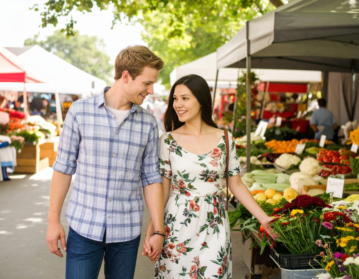 Firefly_Young couple walking hand in hand, through a farmers market 263598