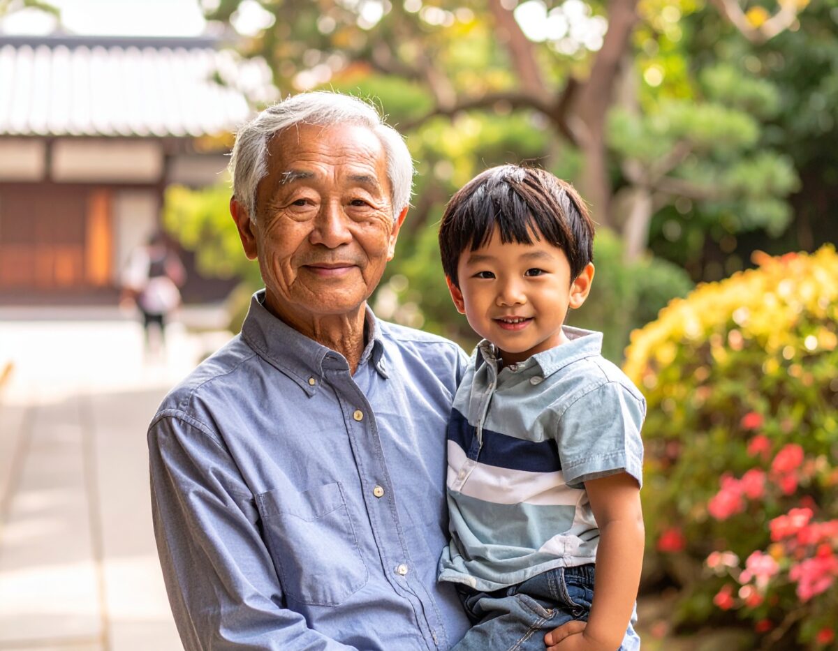 Firefly_elderly Japanese man with grandson in a Japanese garder 261649